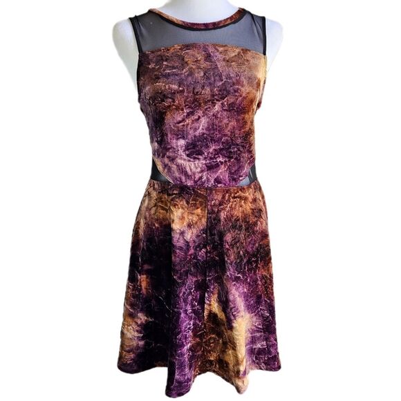 Frenchi Crushed Velvet Skater Dress Women's Medium Mesh Cutouts Circle Skirt Alt - Picture 1 of 9
